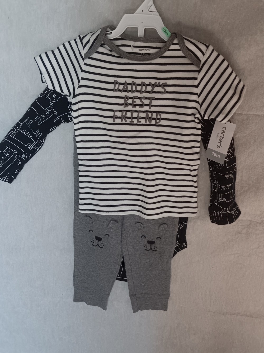 Carter's White & Gray Striped "Daddy's Best Friend" 3 Piece Set with Bear Pants